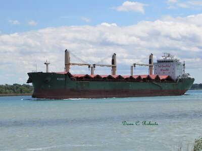 Ruddy (Thunder Bay) airing her cargo holds at the upper end of Stag Island.
