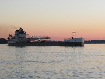 Calumet against the backdrop of a rose-tinted morning sky.  Cleveland was her destination.