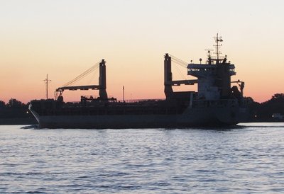 The Saltie Stade silhouetted at day-break.  No destination given for her.
