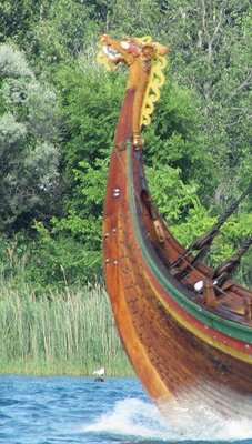 The ornate dragon figurehead and colorful hull.
