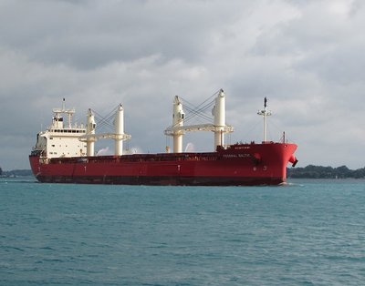 A break in the clouds put the saltie Federal Baltic (Marshall Islands) in sunlight as she makes her way to Montreal.  Notice the deck sprayers in action.