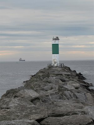 M/V Calumet appears in the distance.  She turned about to back down the channel.