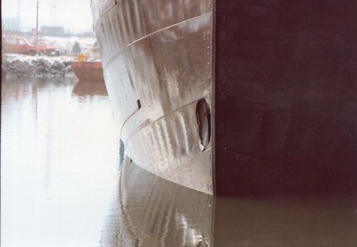 If you've read the "Vessel History" on the Bowling Green site, this is the hole that's mentioned. Had to use a hot water hose to get rid of all the ice in the forepeak.