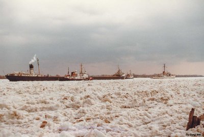 Ships stuck in thick ice.<br /><br /> Unknown Photo