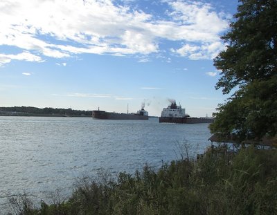 Fleet-mates Mesabi Miner (destination Cleveland) and Paul R. Tregurtha (destination Superior), meet and exchange salutes above Marysville.