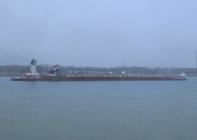 Just as good light was fading, I was able to capture Joyce L. Vanenkevort &amp; Great Lakes Trader -- with frosty bow.  Destination shows Marquette, but she's headed south!