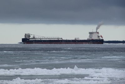 I was trying to stand on ice and photograph the bridge when I was distracted by movement to my right and nearly fell.  It was Algoma Innovator, headed to Muskegon.
