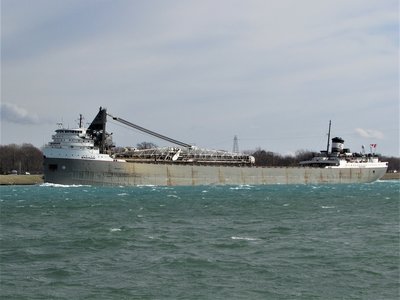 Saginaw (Cedarville) with a nice bow wake as she passes the Corunna Fuel Dock.