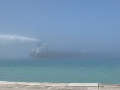 Mesabi Miner entering fog-shrouded Lake Huron.