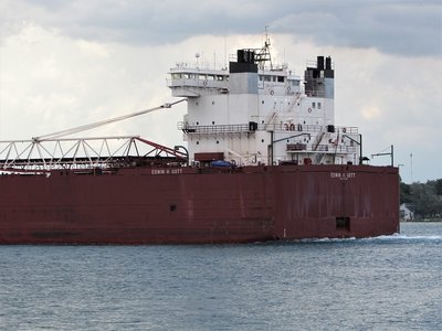 As daylight began to fade, Edwin H. Gott (Two Harbors) passed Stag Island at a leisurely pace but had to sound 5 short blasts at a pleasure craft.
