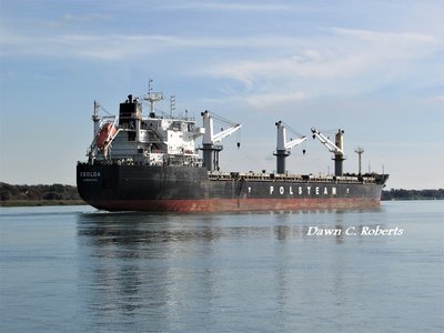 Saltie Isolda (Montreal, likely the last port before sailing across the Atlantic) passing Stag Island.