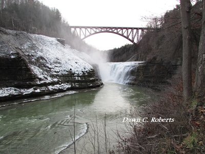 Although I spotted several ships at a distance along my route, they were too far out, and it was the day the Welland was closed a few hours.<br />This is a waterfall and train trestle on the Genessee River, in NY state.