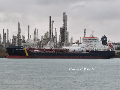 Tanker Paul A. Desgagnes, with deck lights burning, at the lower Sarnia fuel dock.
