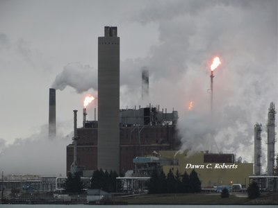 This was my first sight of the morning. Three flaming towers and clouds of steam in Chemical Valley!