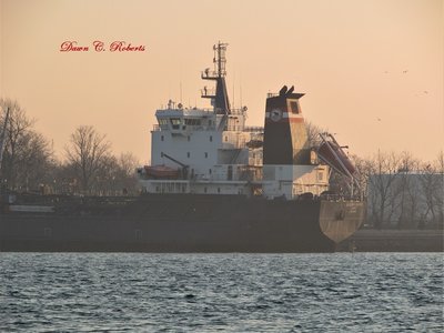 Early morning sun reflects off the stern &amp; Stack of Algoma Hansa, at the Corunna/Shell Dock.