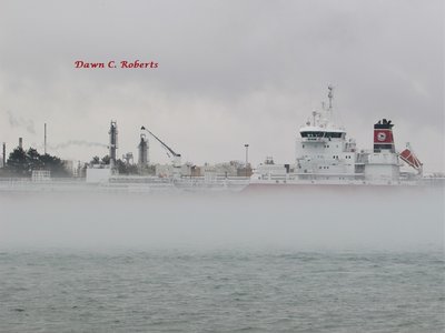 Algonorth as seen through the streaming sea smoke at the upper Sarnia Fuel Dock.