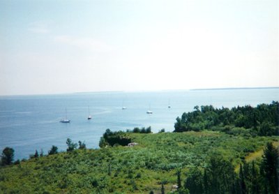 View from inside the lantern room of Devils Island Light looking N.E. across Superior.