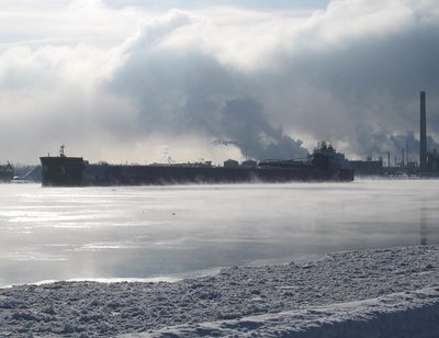 James R. Barker departing the Sarnia fuel dock in swirls of "sea smoke," and heading to Escanaba