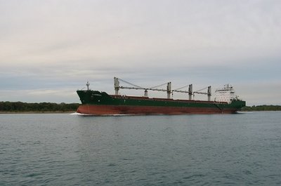 Going to Thunder Bay.  Between St. Clair (US) and Courtright (CAN) she sounded a series of eight short, quick blasts and within a minute repeated the warning.  Apparently a small craft thought she was greeting them!