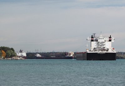 American Integrity at anchor waiting for James R. Barker to finish unloading at the St. Clair power plant as Lee A. Tregurtha heads upriver to Marquette.