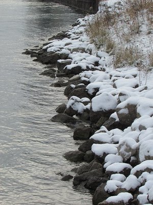 Water, rocks, dried weeds and snow on New Years Day 2016.