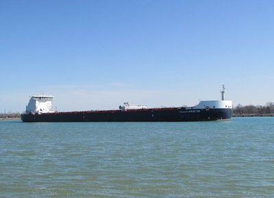 Algoma Harvester really stands out against the clear sky and water.
