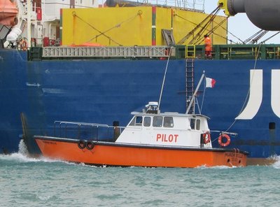 A pilot transfer from the Huron Belle to Fairlift in progress.